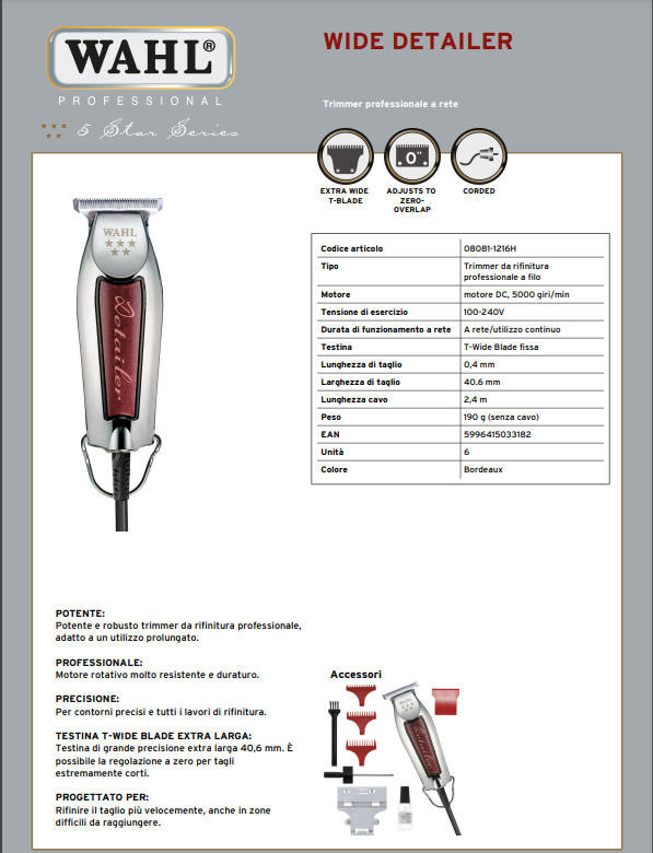 WAHL PROFESSIONAL TAGLIACAPELLI DETAILER EXTRA WIDE T-BLADE